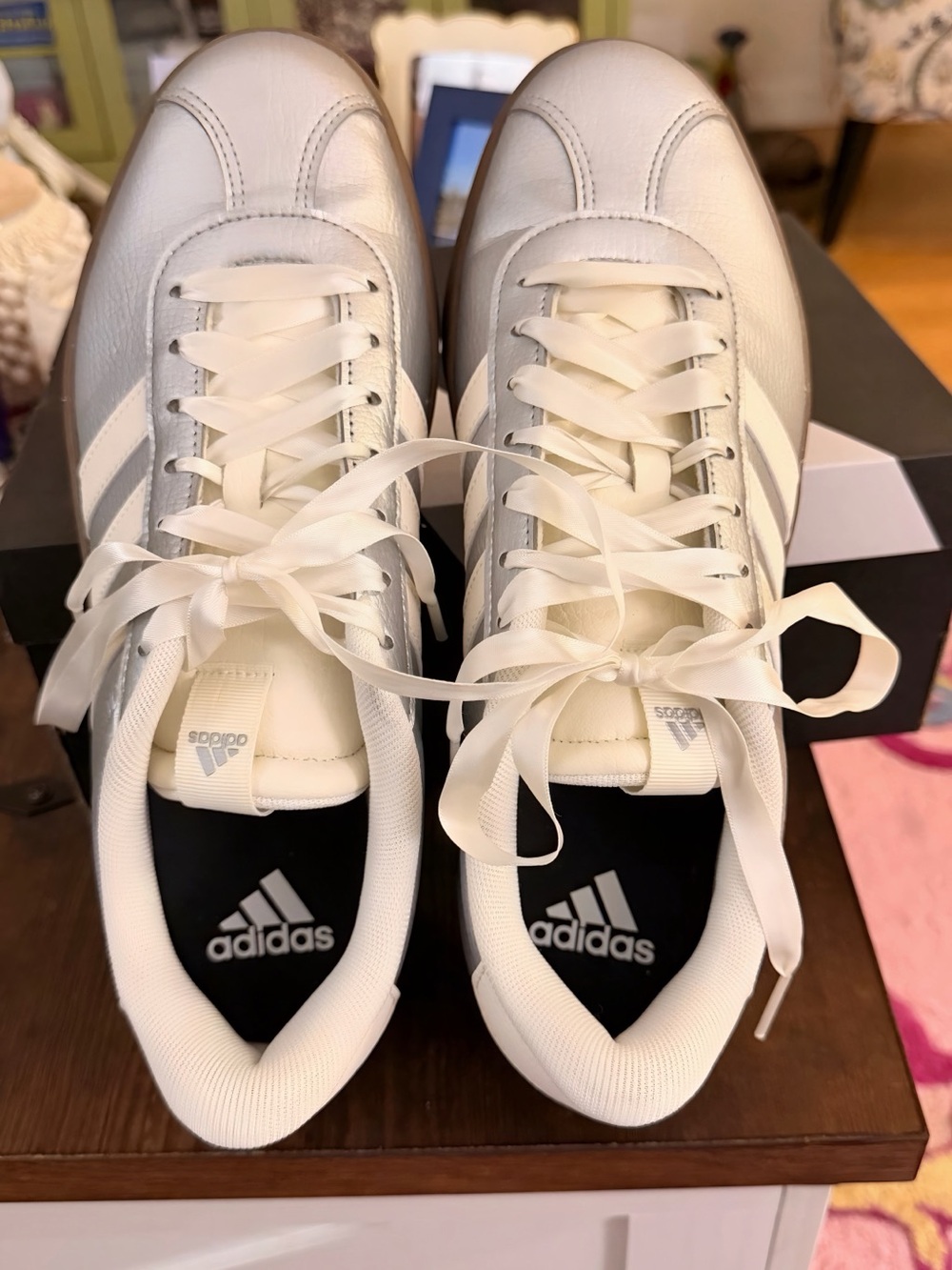 adidas VL Court 3.0 Silver Metallic Ribbon Lace Sneakers